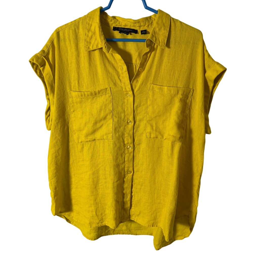 Marc New York Andrew Marc Chartreuse Yellow Linen Button Down Shirt L Coastal